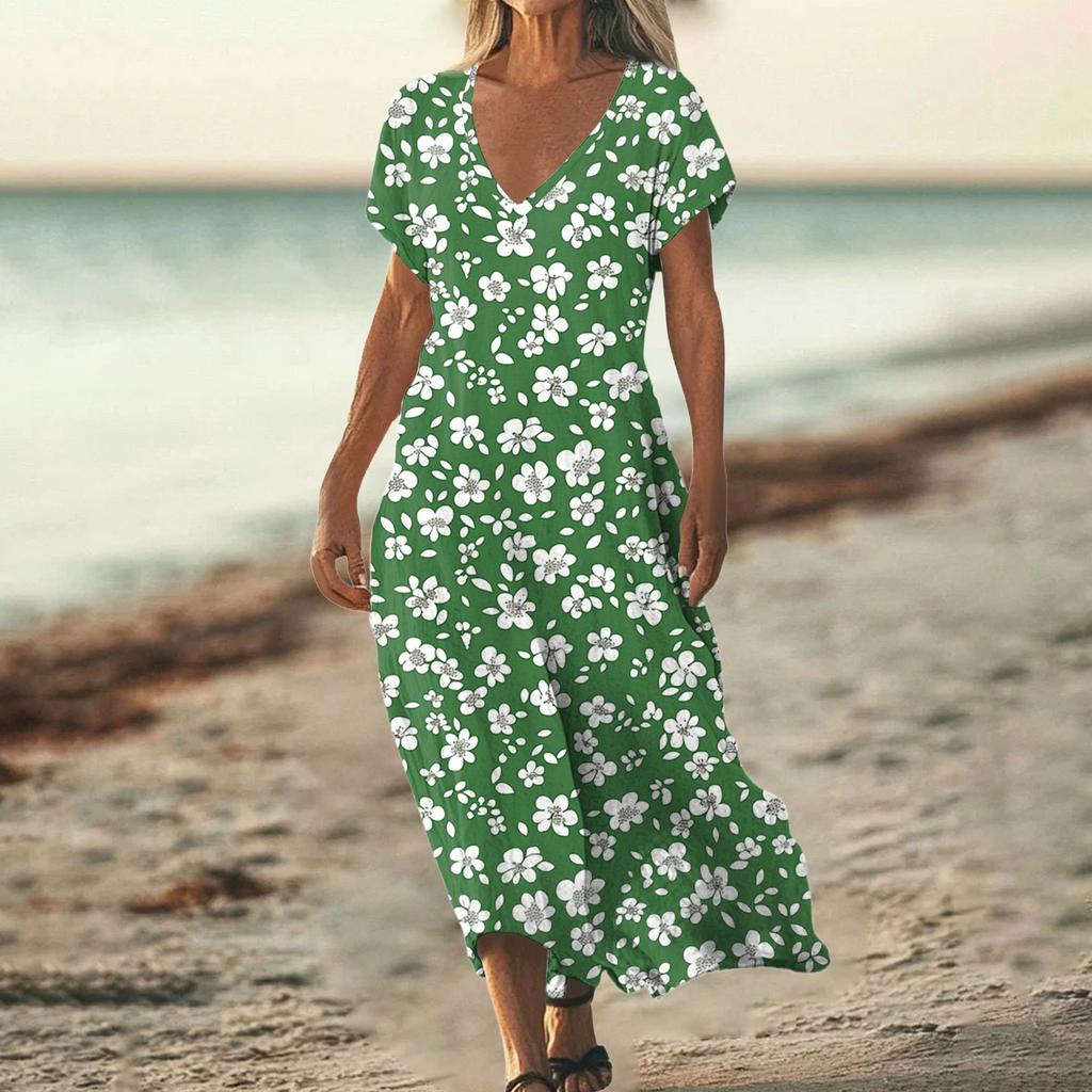 Fashion Women's Summer V-Neck Short Sleeve Floral Print Beach Dress