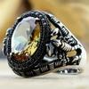 Retro Handmade Turkish Signet Rings For Men Ancient Silver Color Carved Scorpion Animal Rings Yellow Zircon Inlay Muslim Rings
