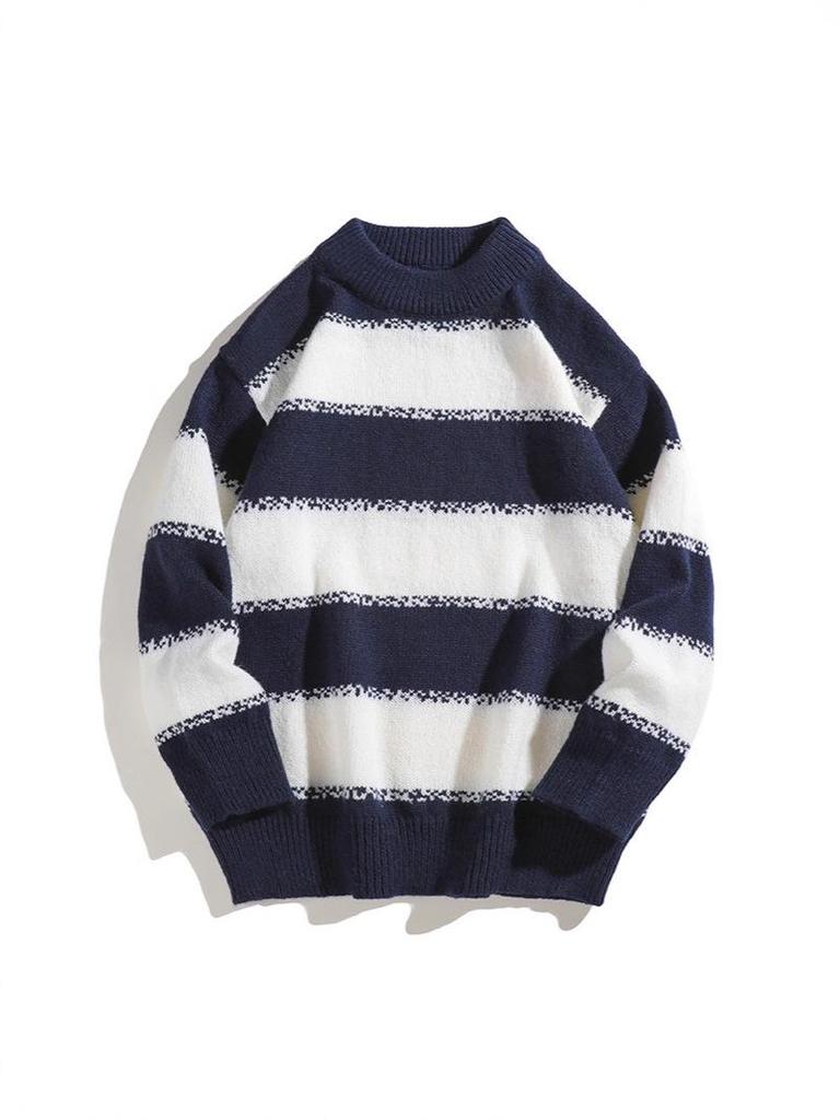 2025 Men's Japanese Casual Striped Knit Pullover - Autumn/Winter Loose Fit, Long Sleeve, Round Neck.