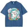 Cartoon Cute Kitten Print Women's T-Shirt Y2K Oversized Crew Neck Short Sleeve Wash Unisex  Fairy Style Top