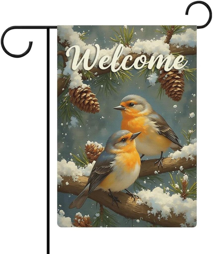Winter Birds, Welcome Pine Tree And Pinecones Double Sided Garden ag 12x18 Inch, Outdoor Decor, Yard Decor, Holiday Decora GGO