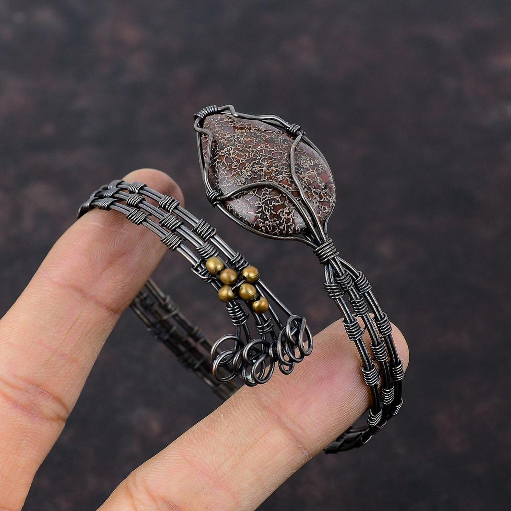 Браслет из кости динозавра, браслет-манжета из медной проволоки, регулируемый браслет, ювелирные изделия из медной проволоки, браслет ручной работы с драгоценными камнями, подарок другу