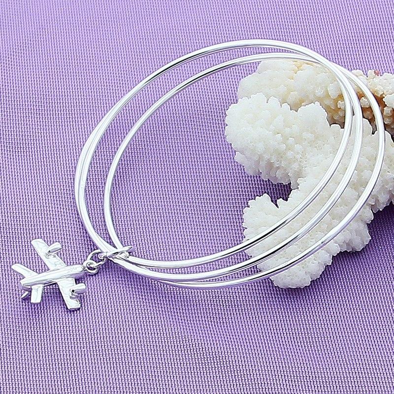925 Sterling Silver Fashion Cute Three Rings Airplane Bracelet Birthday Party Anniversary Gift Daily Wear