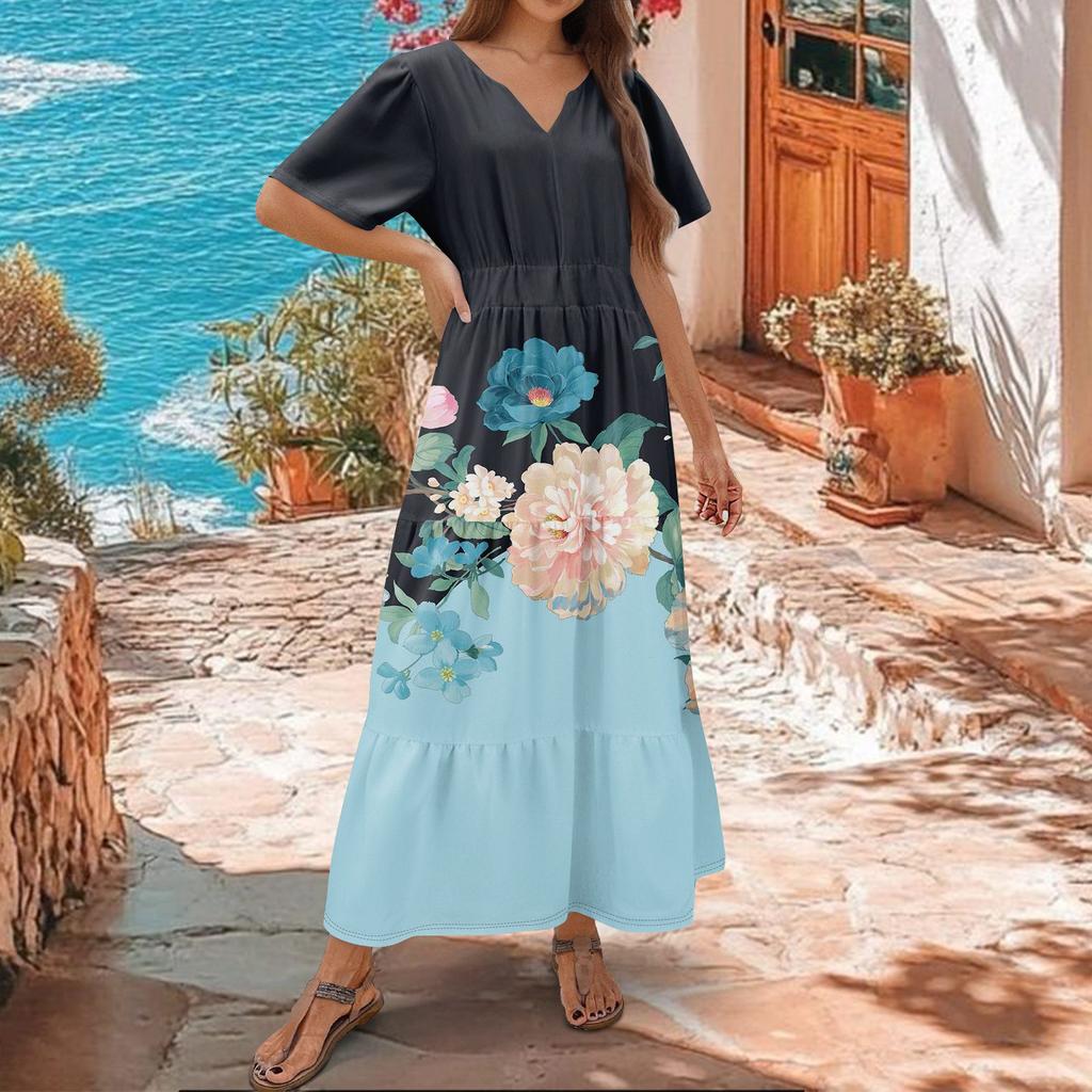 Women's  Summer Floral V Neck Maxi Dress Short Sleeve High Waist A Line Tiered Flowy Boho Vacation Dresses