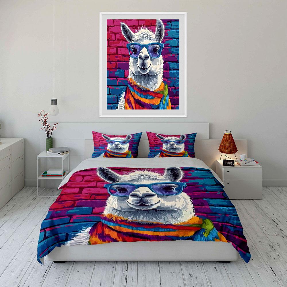 Colorful Llama Art Decor Set Bedding Set with 1 Duvet Cover 2 Pillowcases Single Double King Queen, Gift