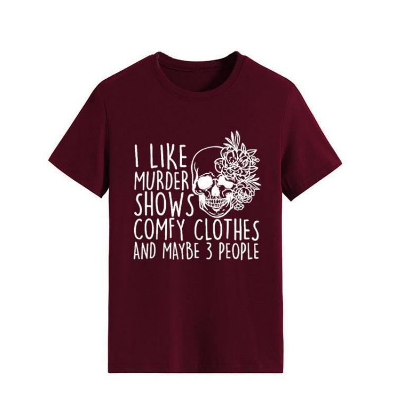 Hooded Simple Round Neck Top T-shirt I LIKE MURDER Printed Loose Round Neck Pure Cotton Short Sleeved Shirt T-Shirts Women’s