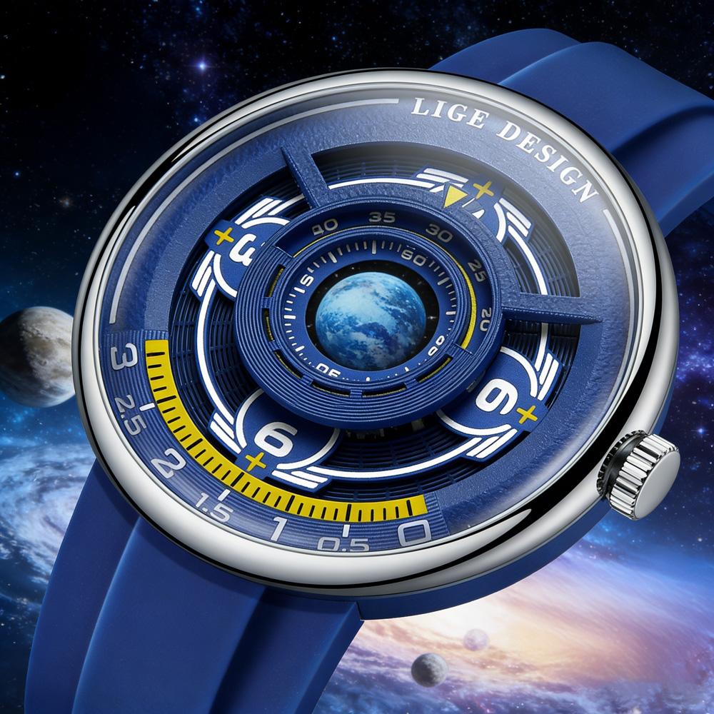 LIGE Trendy Sporty Men's Watches Creative Blue Planet Dial Luminous Silicone Straps Waterproof Men's Quartz Watches Relojs