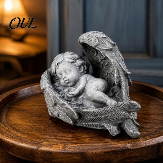 Grief Remembrance Gift Sleeping Guardian Angel Figurine, Resin Baby Statue in Wings, Memorial Outdoor Tombstone Ornament Cherub Decor for Table