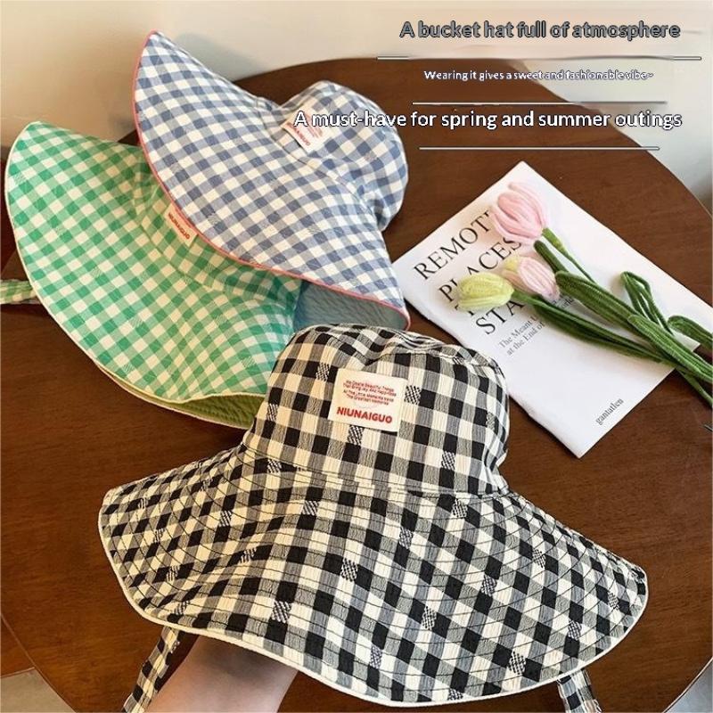 1Pc Women Summer Uv Protection Wide Brim Sun Hats With Chin Strap Cute Pastel Plaid Beach Hat For Outdoor Travel & Daily Wear