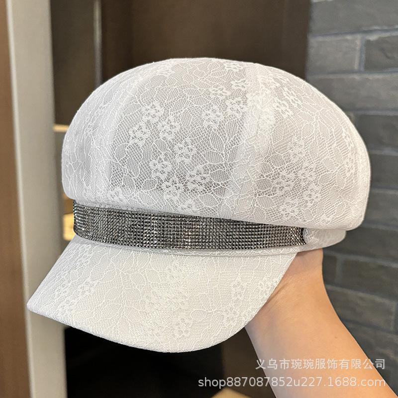 New lace breathable octagonal hat children's spring and summer rhinestone belt personalized versatile retro British painter hat