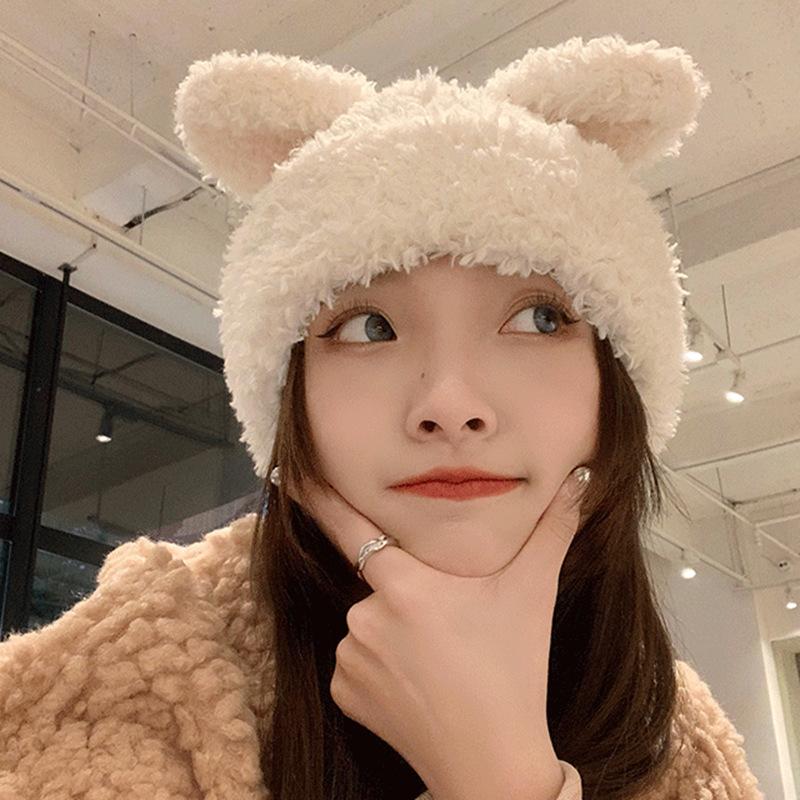 Rabbit ears plush hat female autumn and winter plush warm cute cartoon white face small bag head pullover hat