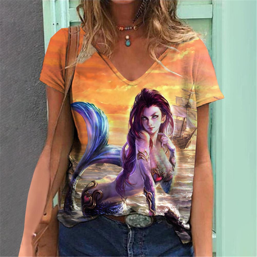 Lightweight Mermaid Digital 3D Print T Shirts Women Versatile Pullover Short Sleeve Summer Casual V-Neck Female Harajuka Tops