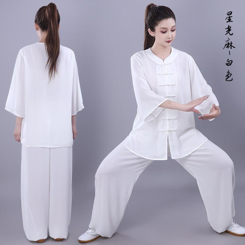 Mens Tai Chi Uniform Martial Arts Practice Clothes 3/4 Sleeve Low Neck Breathable Men Women