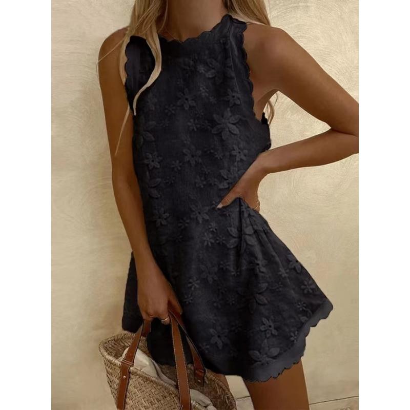 2023 летние женские белые элегантные платья без рукавов с цветочным принтом и вышивкой, повседневное свободное платье трапециевидной формы с круглым вырезом 27884