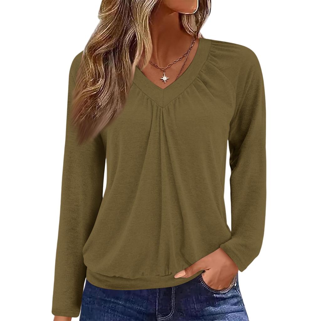 Women's Casual Fashion V-Neck Raglan Pleated Solid Color Long Sleeve Top