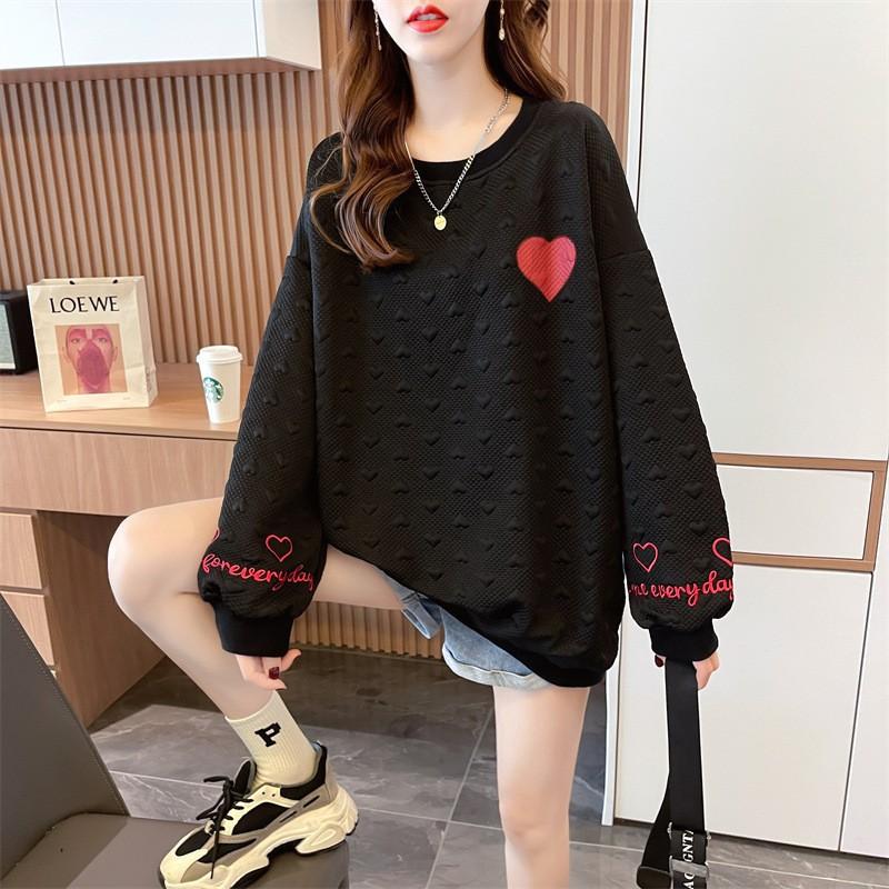 Women's Crew Neck Heart Jacquard Sweatshirt, Embroidery Letter Long Sleeve Top, Japanese Loose Pullover Sweatshirt 2026 Autumn Winter Warm Outerwear