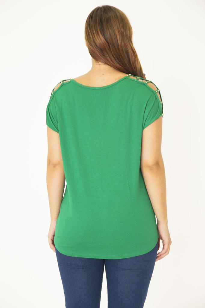 Женская блузка большого размера, вискозная туника большого размера с зелеными плечами и декольте, украшенная жемчугом