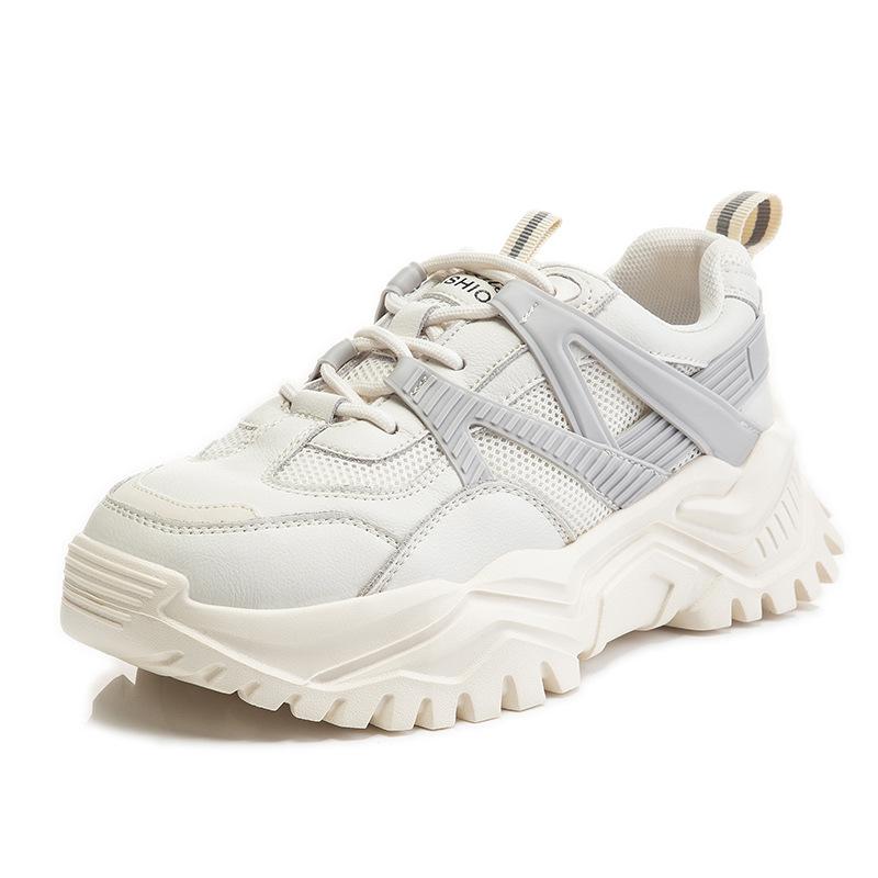 Кожаные кроссовки-папы женские весна 2025 новые на толстой подошве увеличивающие рост беговые спортивные туфли женские с мелким вырезом повседневные универсальные женские туфли
