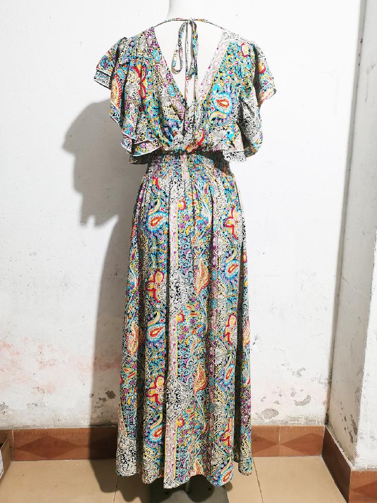 2025 V-образный вырез спинки вискозный набивной оборки короткие рукава разрез платье для женщин