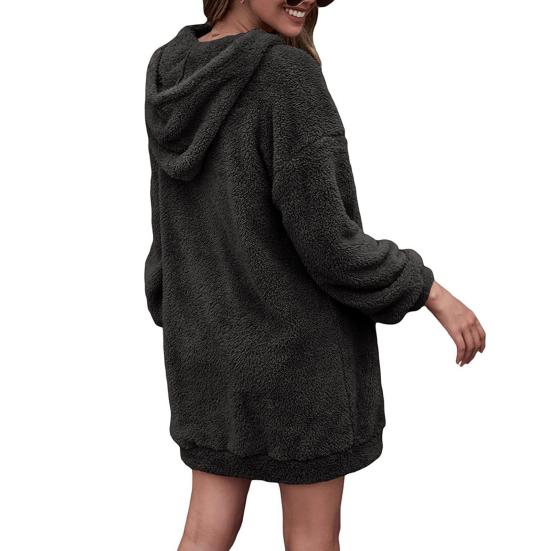 Женское платье с капюшоном и большим карманом, с длинными рукавами, из плотного плюша, однотонное, свободное мини-платье, повседневная одежда, повседневный топ средней длины