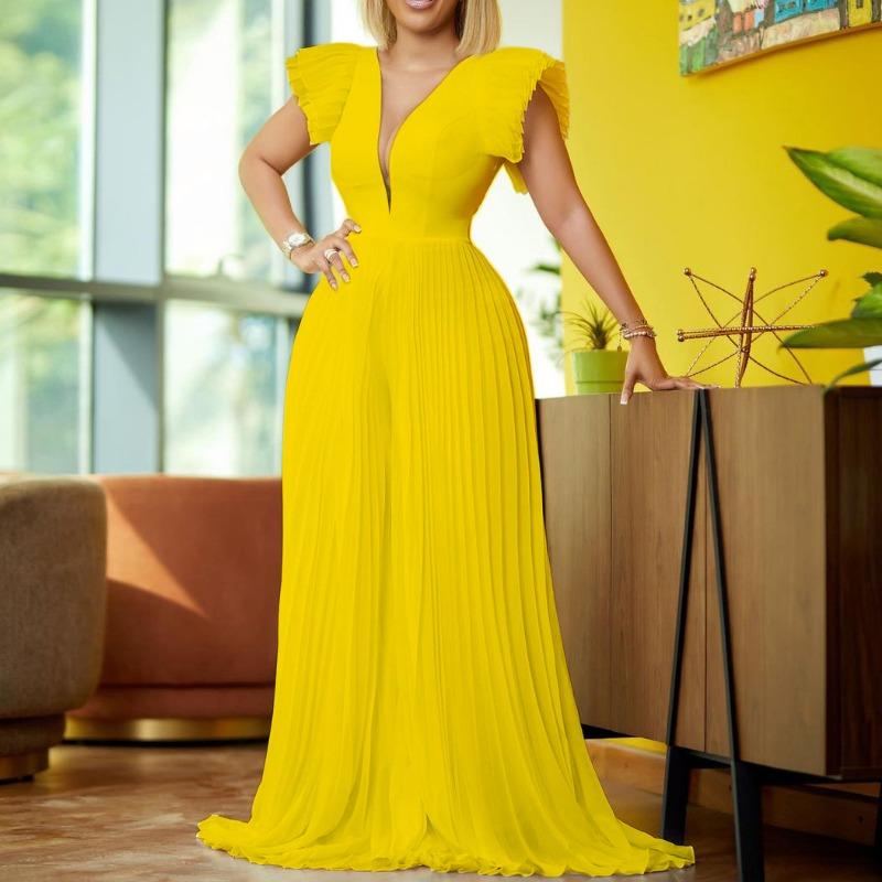 Летний комбинезон с рукавами «крылышки», темпераментный, плиссированный, с глубоким V-образным вырезом, длиной до пола