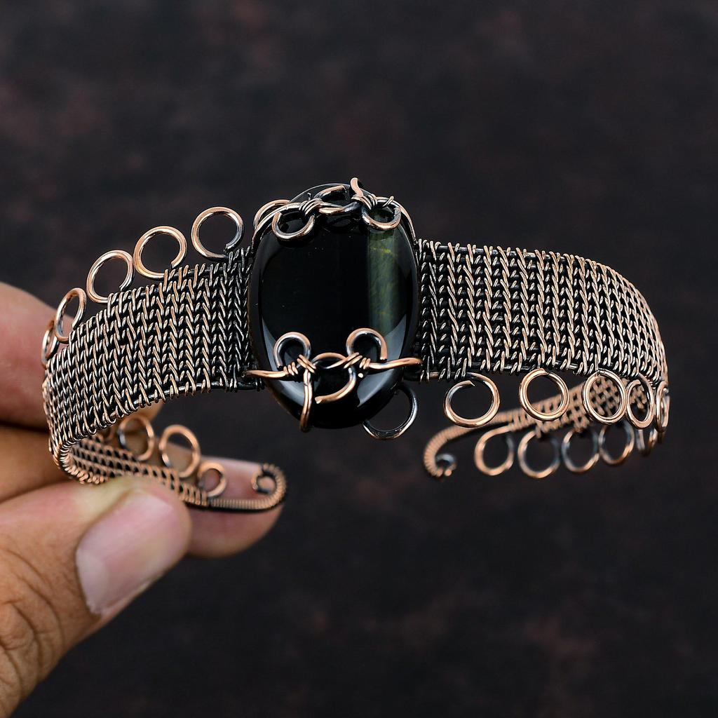 Браслет-манжета из неллита, обмотанный медной проволокой, с драгоценным камнем, регулируемый браслет-манжета, браслет-манжета ручной работы, украшение из медной проволоки с неллитом, подарок для жены