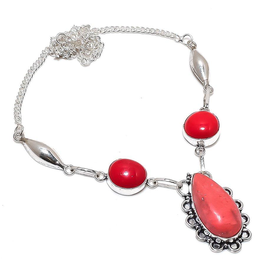 Italian Red Coral Gemstone 925 Sterling Silver Jewelry Necklace 18"