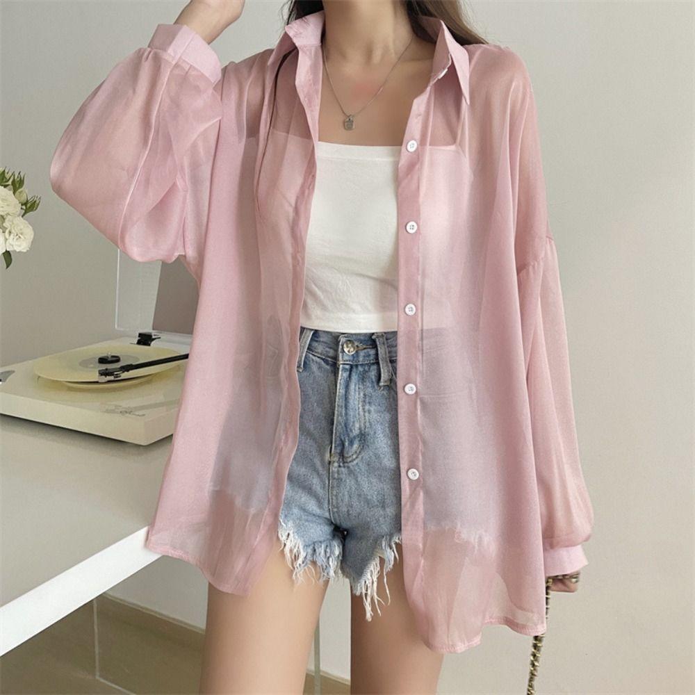 Chiffon Women Shirt Blouse Solid Color Female Loose Cardigan Casual Long Sleeve Top