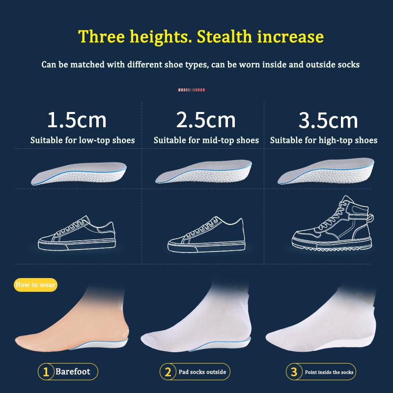 Новые стельки для увеличения роста Легкие Мягкие Эластичные Поддержка свода стопы Дышащие Ева для Мужчин Женщин Обувные подушечки Увеличивающие Вставки