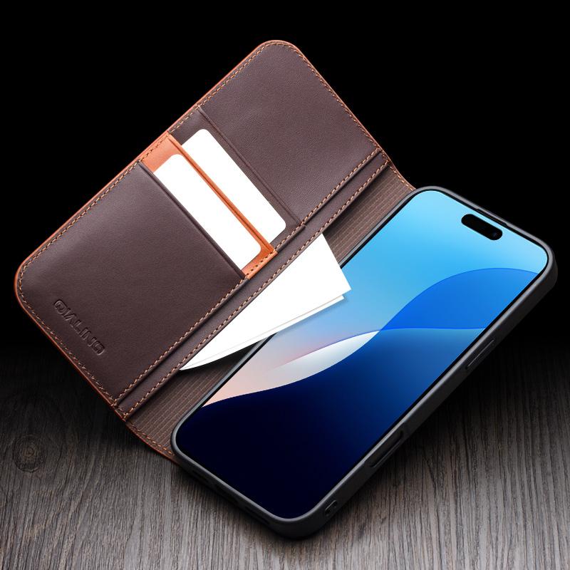 QIALINO Luxury Slim Handmade Phone Cases for iPhone Air 17 16 15 14 13 Pro Max Genuine Leather Wallet Card Slot Flip Cover Case