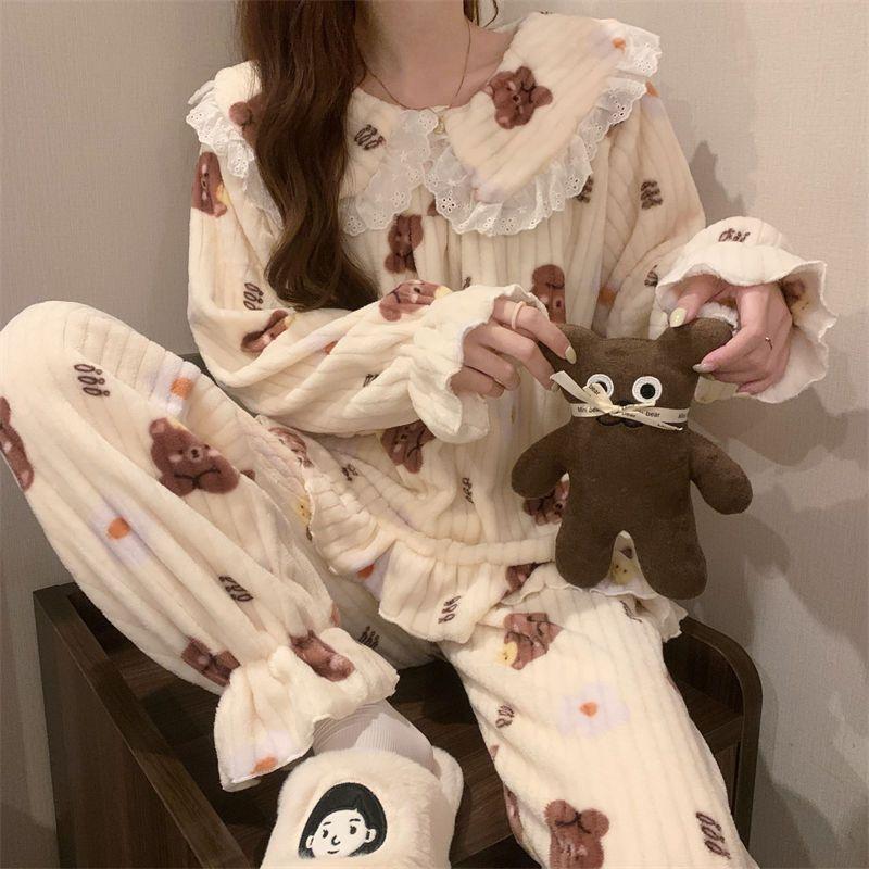 Женская пижама с принтом медведя, корейская милая принцесса, зимняя теплая свободная повседневная домашняя одежда, комплект из двух предметов с кукольным воротником и длинными рукавами