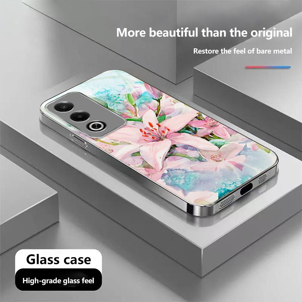 N164 Flower Peony Vase Phone Case for iPhone 16 15 Pro Max Samsung S24 S23 Ultra A54 A35 A25 Xiaomi Redmi Note 13 12 Plated Frame Tempered Glass Cover