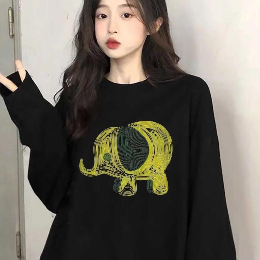 Модная женская футболка с длинным рукавом и круглым вырезом из чистого хлопка - Шикарный мультяшный дизайн, Повседневный свободный крой для весны и осени 2025