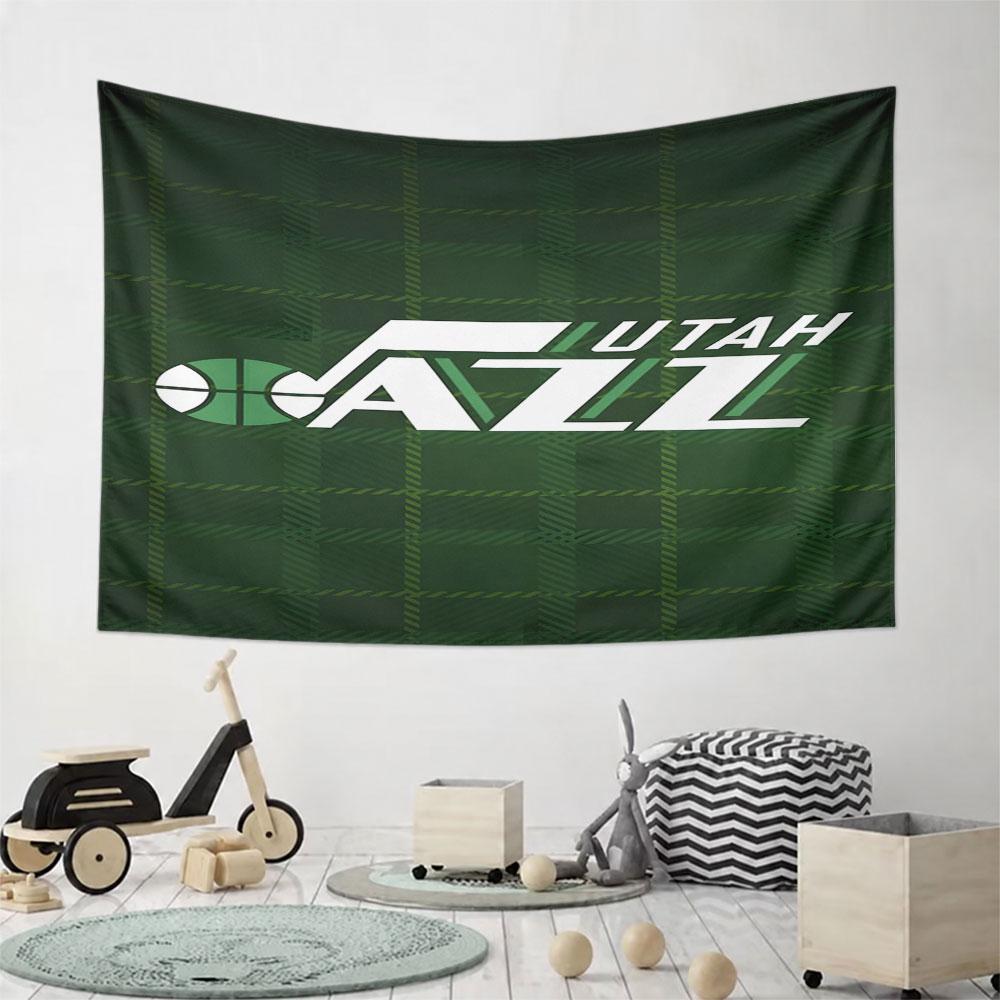 "Utah Jazz Logo on Green Plaid Background" Pattern Wall Hanging Tapestry Decorative Tapestry Home Decor for Bedroom and Living Room