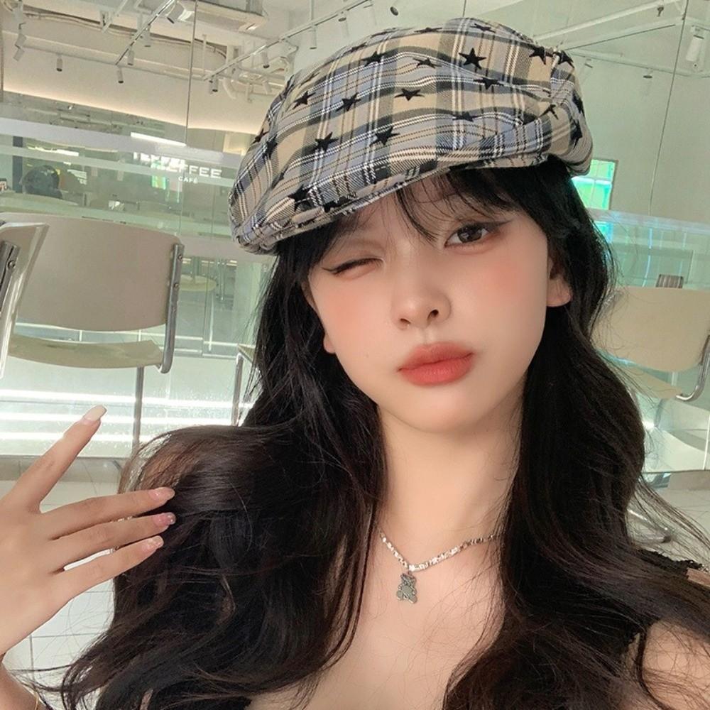 Vintage Newsboy Cap Y2k Plaid Painter Cap Retro Women's Beret Streetwear