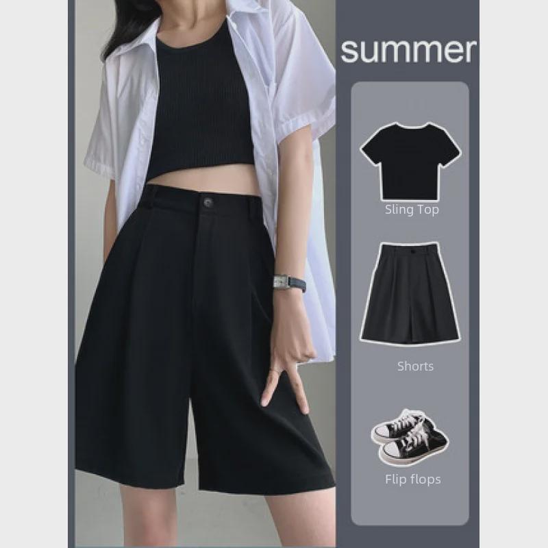 Женские брюки-шорты с высокой талией и широкими штанинами