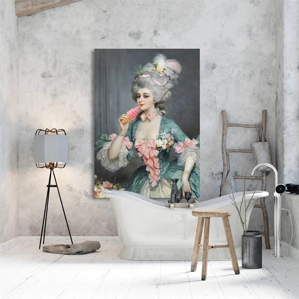 Funny Altered Art Print Elegant Lady with Pink Ice Cream Poster Italian Rococo Vintage Oil Painting Candy Food Canvas Painting