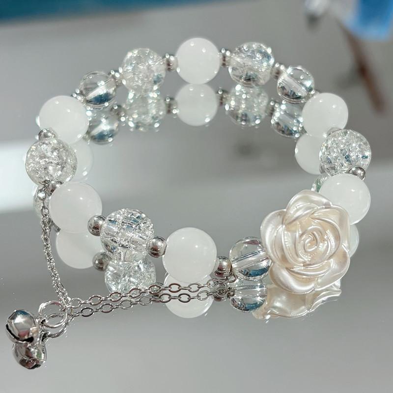 Chic Women's Bell Pendant Bracelet with Crystal Beaded White Flower Design for Outings
