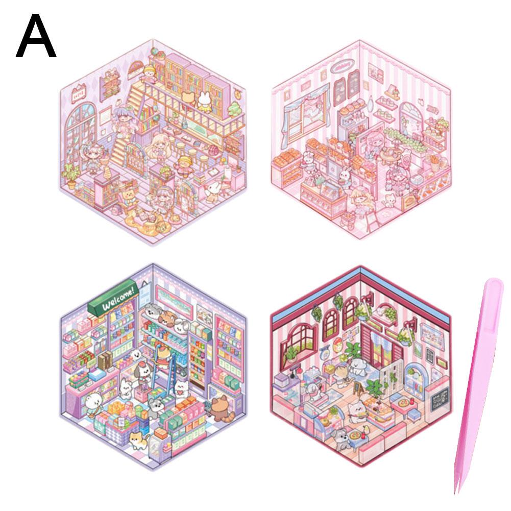 4 шт. DIY миниатюрная сцена 3D наклейка милая мультяшная сцена стереоскопические корейские наклейки стиль для X9G5