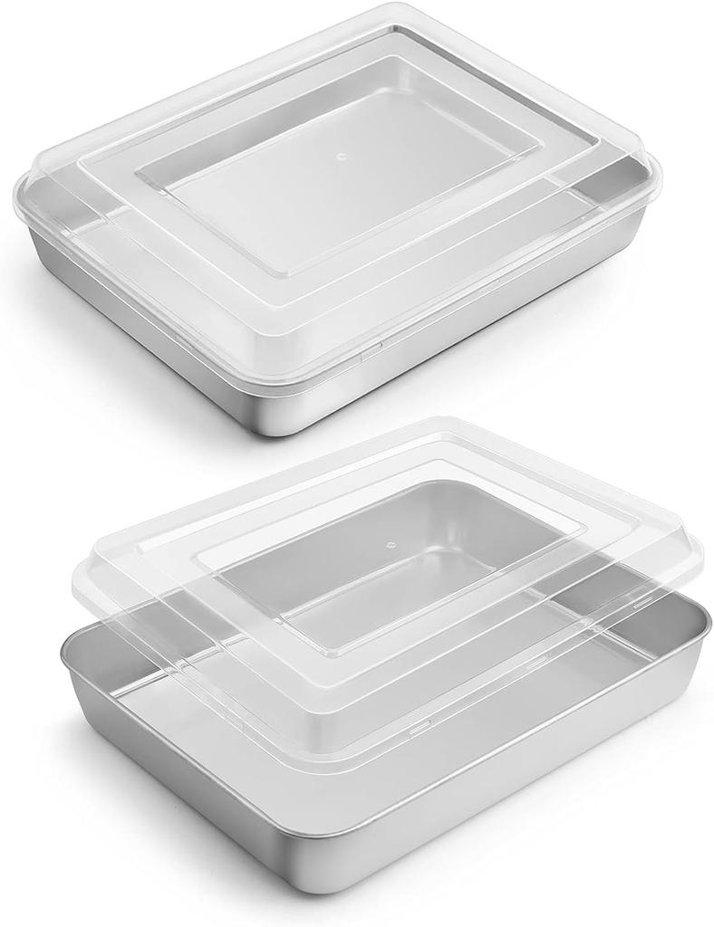 Pan with Lid, 9.4”x 7” x 2” Stainless Steel Rectangle Sheet Cake Pans for Toaster Oven, Metal Covered