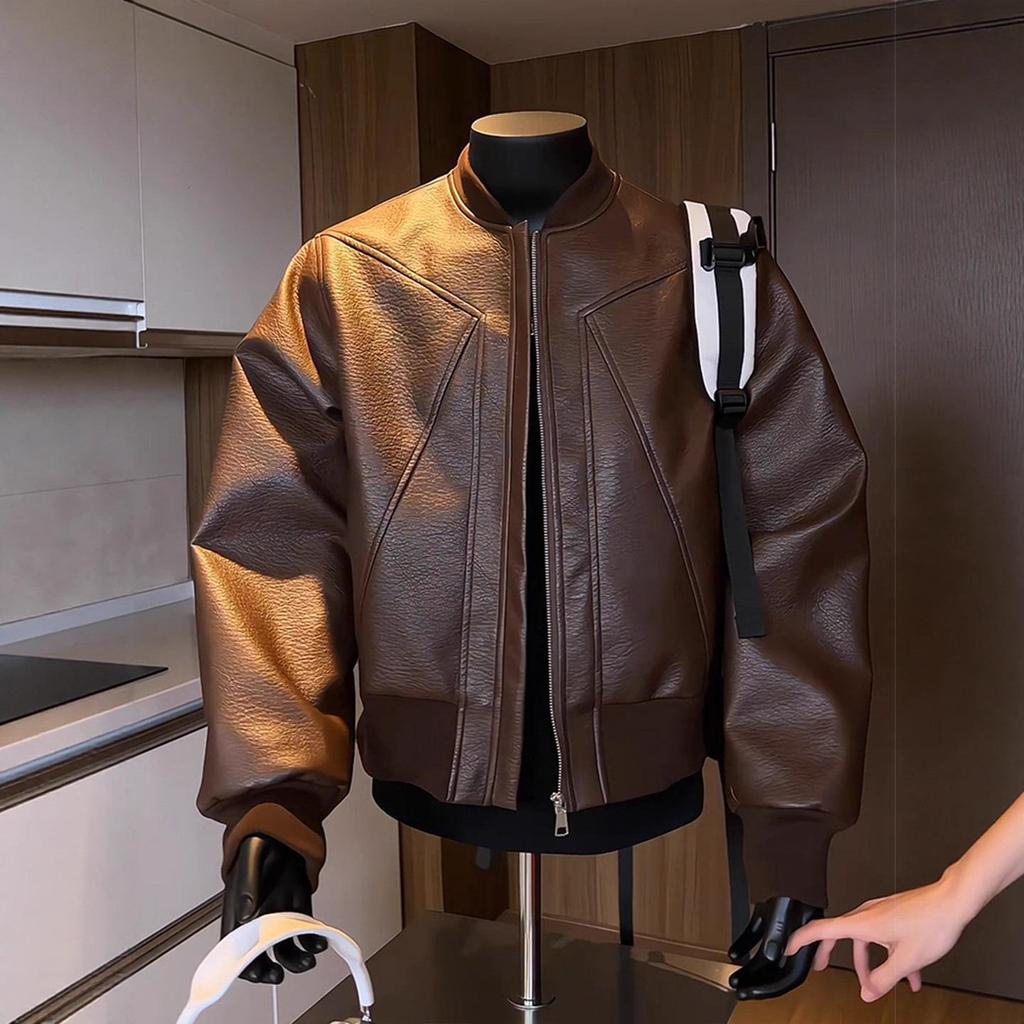 Мужская осенняя коричневая бейсбольная куртка из ПУ-кожи - Свободный повседневный стиль мотоциклиста