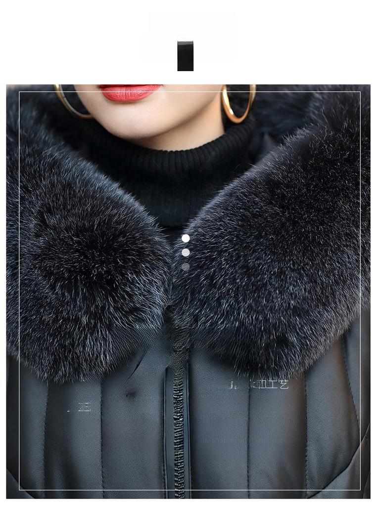 2024 Women's Mid-Length Genuine Leather Sheepskin Jacket with Fox Fur Hood