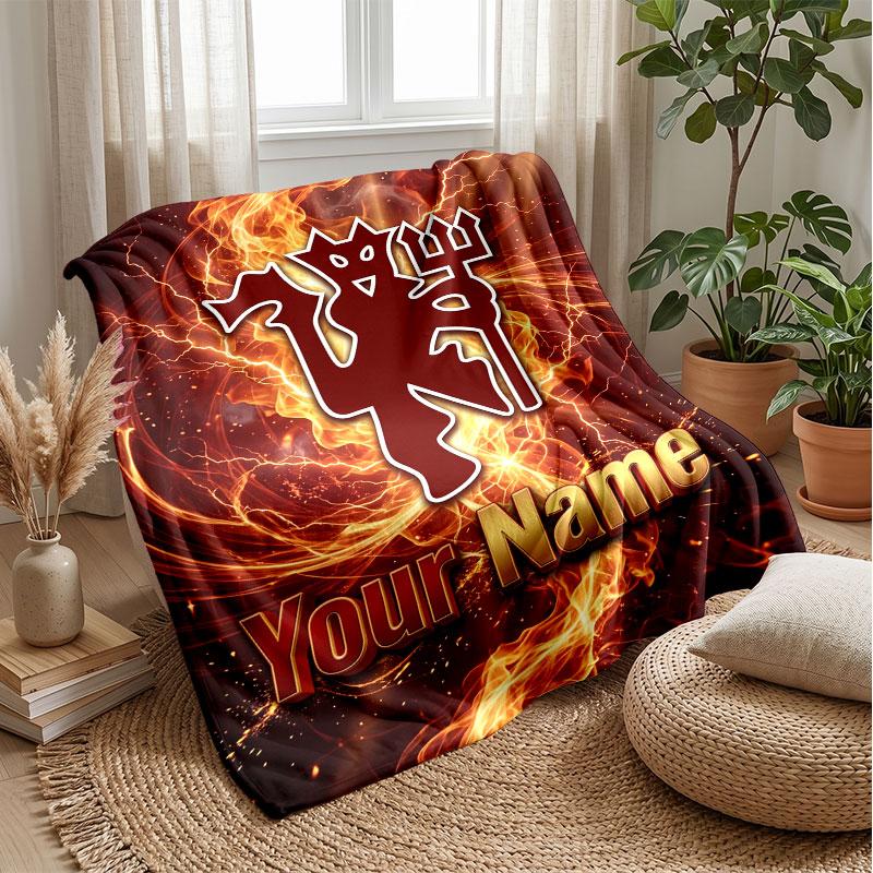 Manchester United Custom Name Text Flannel Blanket Soccer Logo Personalized Fleece Throw Blanket Special Gift For Sofa Bedroom Home