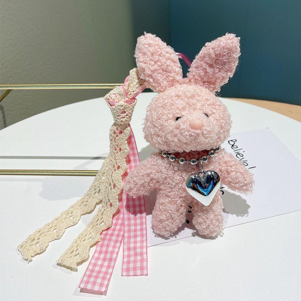 Silver Heart Plush Bag Pendant Bow Ribbon Rabbit Plush Doll Rabbit Doll Charm  Bag Decoration