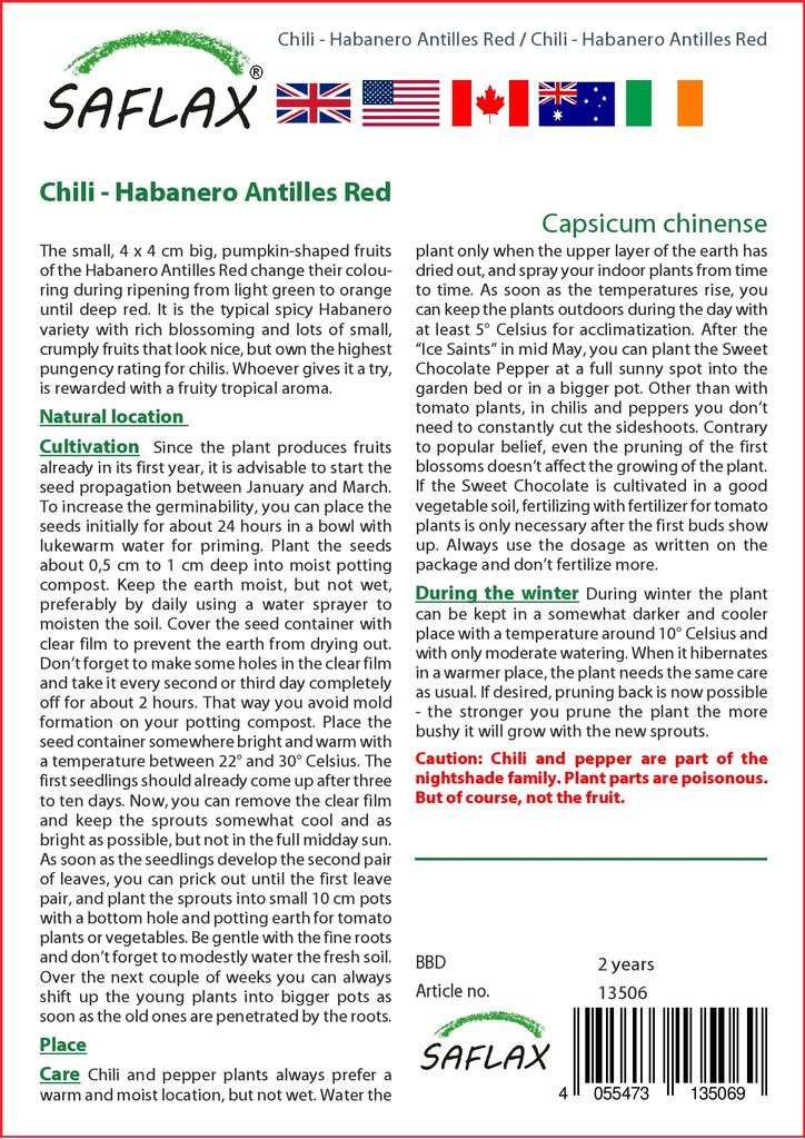 SAFLAX Чили - Habanero Antilles Red - 10 семян - С горшечным субстратом для лучшего выращивания - Capsicum chinense