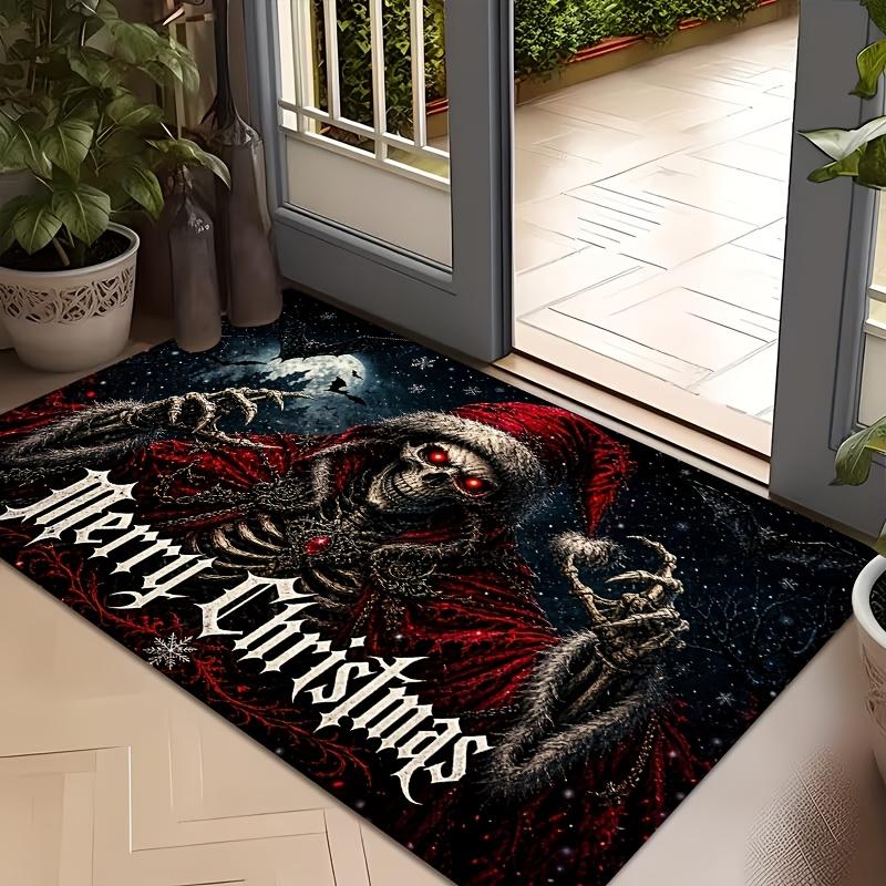 1pc, 2D Flat Printing Skull Christmas Themed Entrance Doormat, Non-Slip Machine Washable Easy-to-Clean Polyester Mat, Suitable for Home and Outdoor De