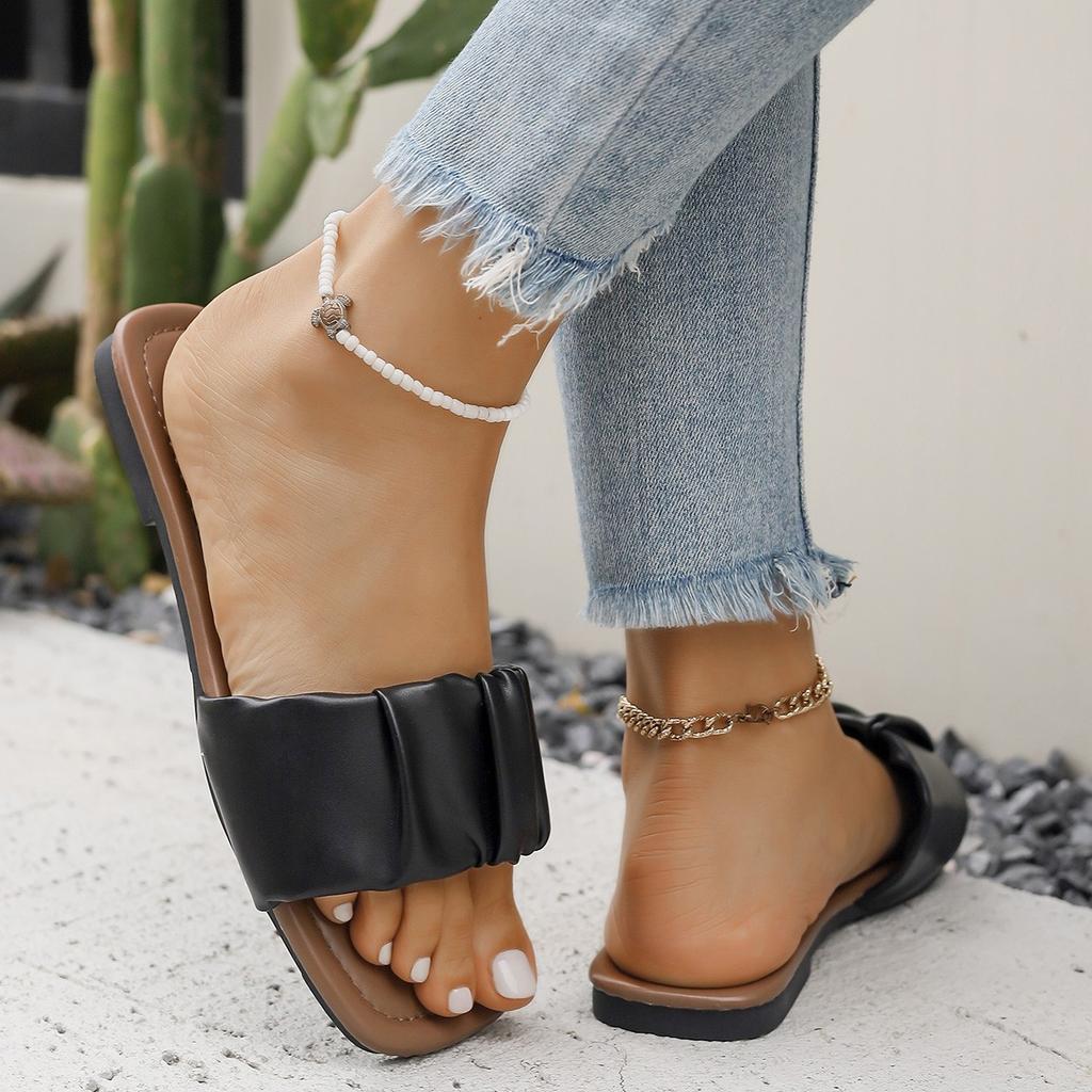 Summer Slippers for Women Pleated Flip Flops Flats  New Korean Slippers Women Sandals Green Slip on Shoes Big Size 36-42