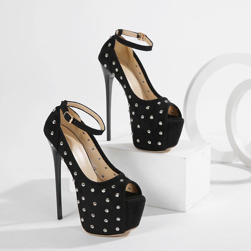 Sandals Women Rivets Peep Toe 16CM Stiletto High Heels Ankle Buckle Pumps Nightclub Pole Dance Catwalk Shoes Female