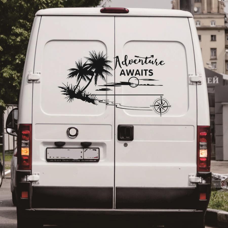Caravan Camper Van Stripe Graphic Coconut Tree Scenery Vinyl Decal Sticker Set