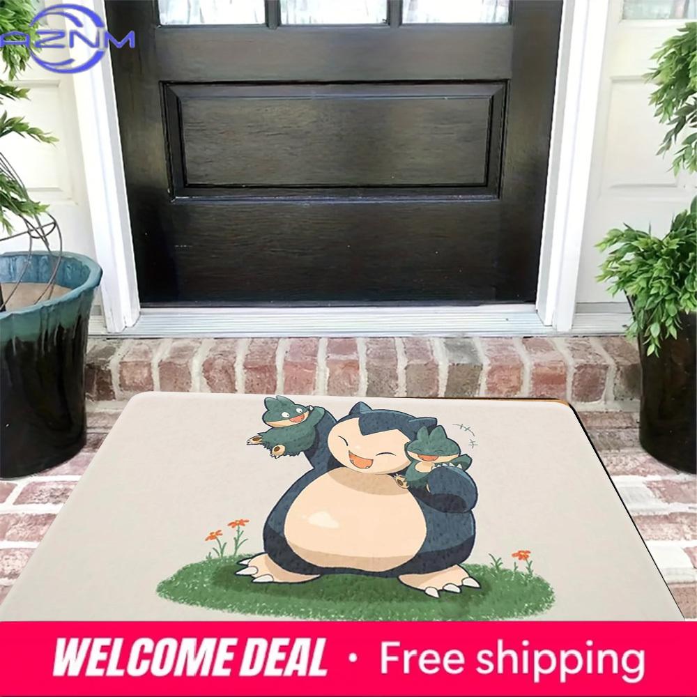 Cute Snorlax Munchlax Pokemon Grass Field Print Soft Flannel Non Slip Absorbent Indoor Door Mat Floor Rug